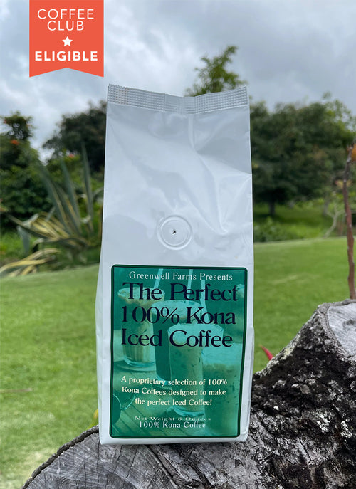 A bag of "The Perfect 100% Kona Iced Coffee" by Greenwell Farms
