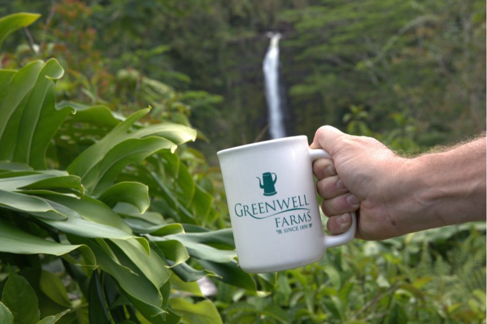 A man holding a Greenwell Farms coffee cup in nature