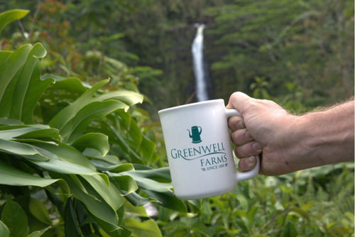 A man holding a Greenwell Farms coffee cup in nature