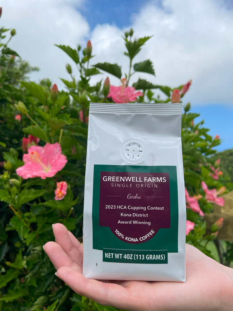 Small bag of Greenwell Farms Gesha Coffee held in the palm of a hand