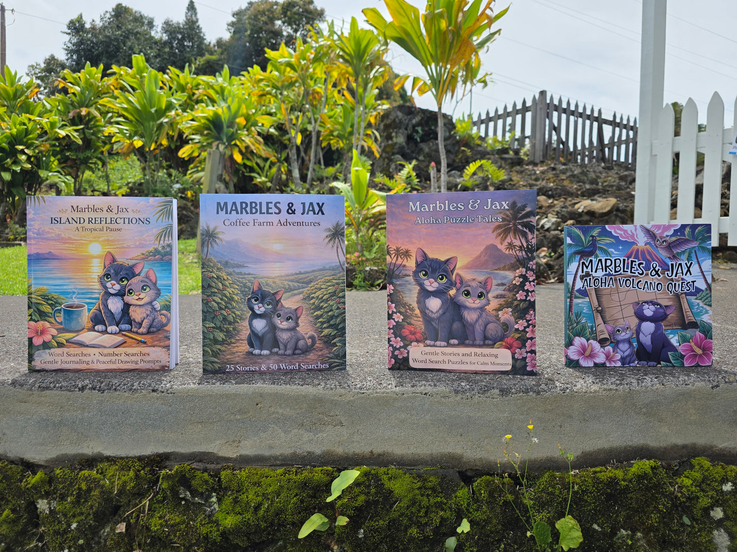 Four children's books titled 'Marbles & Jax' are displayed outdoors with a garden background.