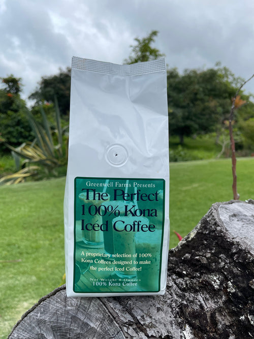 A bag of "The Perfect 100% Kona Iced Coffee" by Greenwell Farms