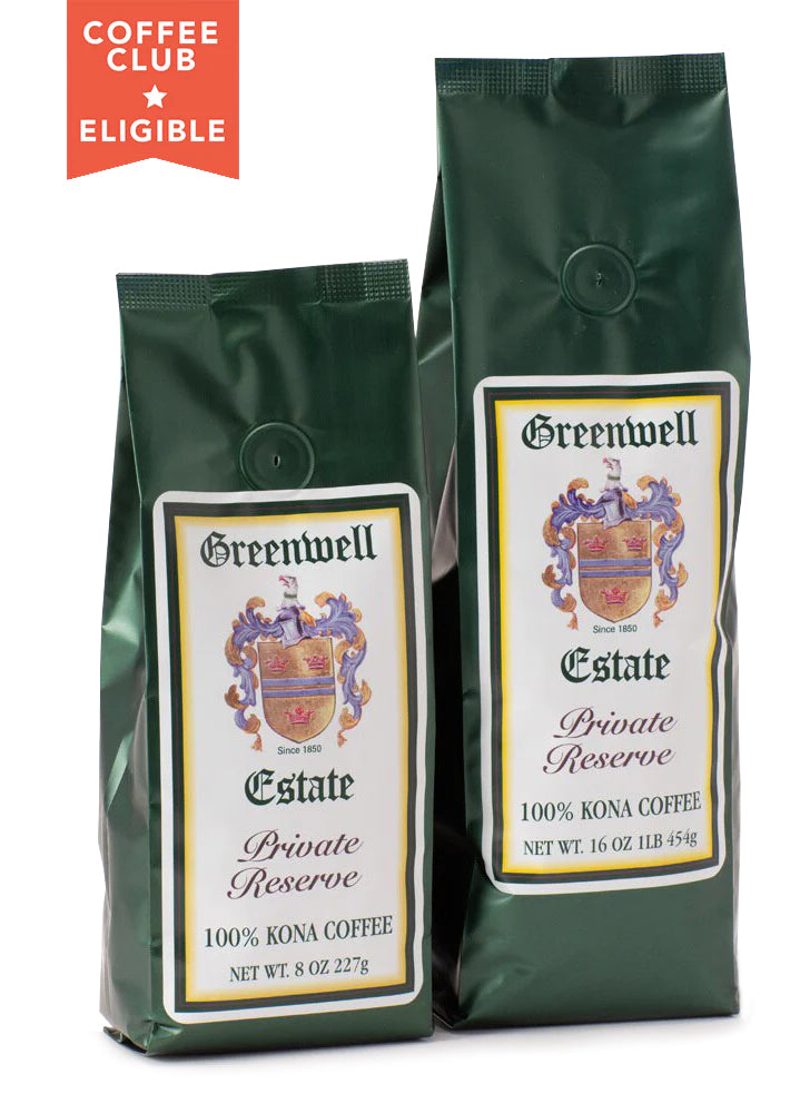 2 bags shown of Greenwell Farms Private Reserve Gourmet 100% Kona Coffee
