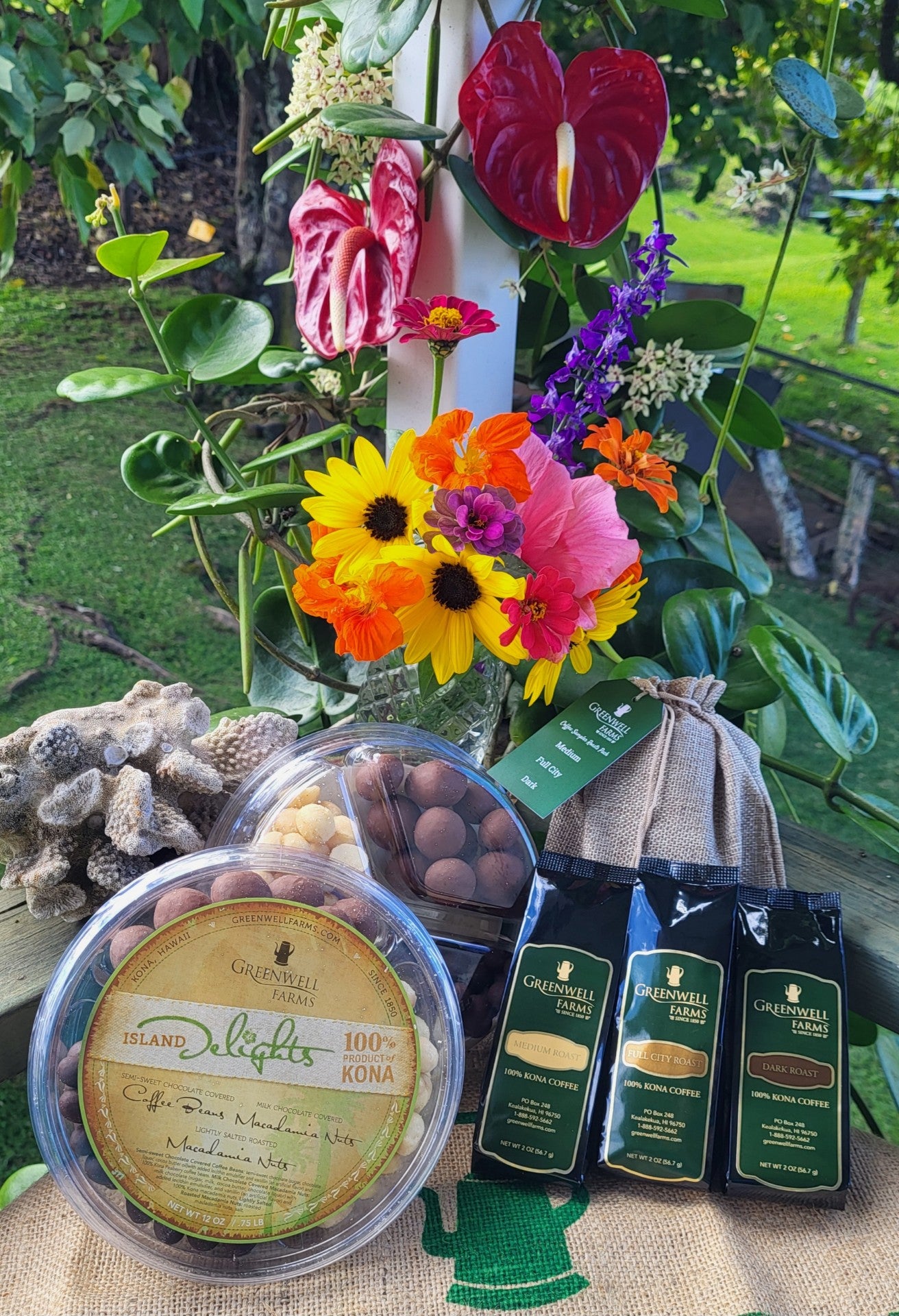 Greenwell Farms Mother's Day Bundle 100% Kona coffee sampler with chocolate macadamia nuts